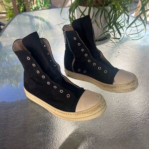 Rick Owens Black and Cream High-Top Sneakers